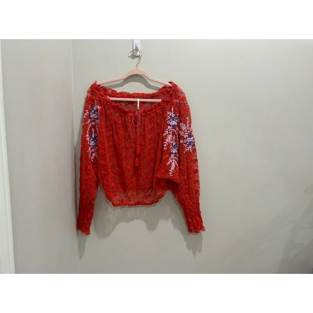 Free People Red Sheer Lace Embroidered Off Shoulder Tassel Blouse Small OB643444